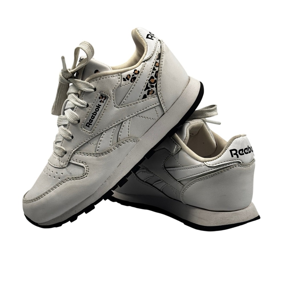 Reebok Classic Leather Girls 13 White Gray Leopard Print Sneakers
